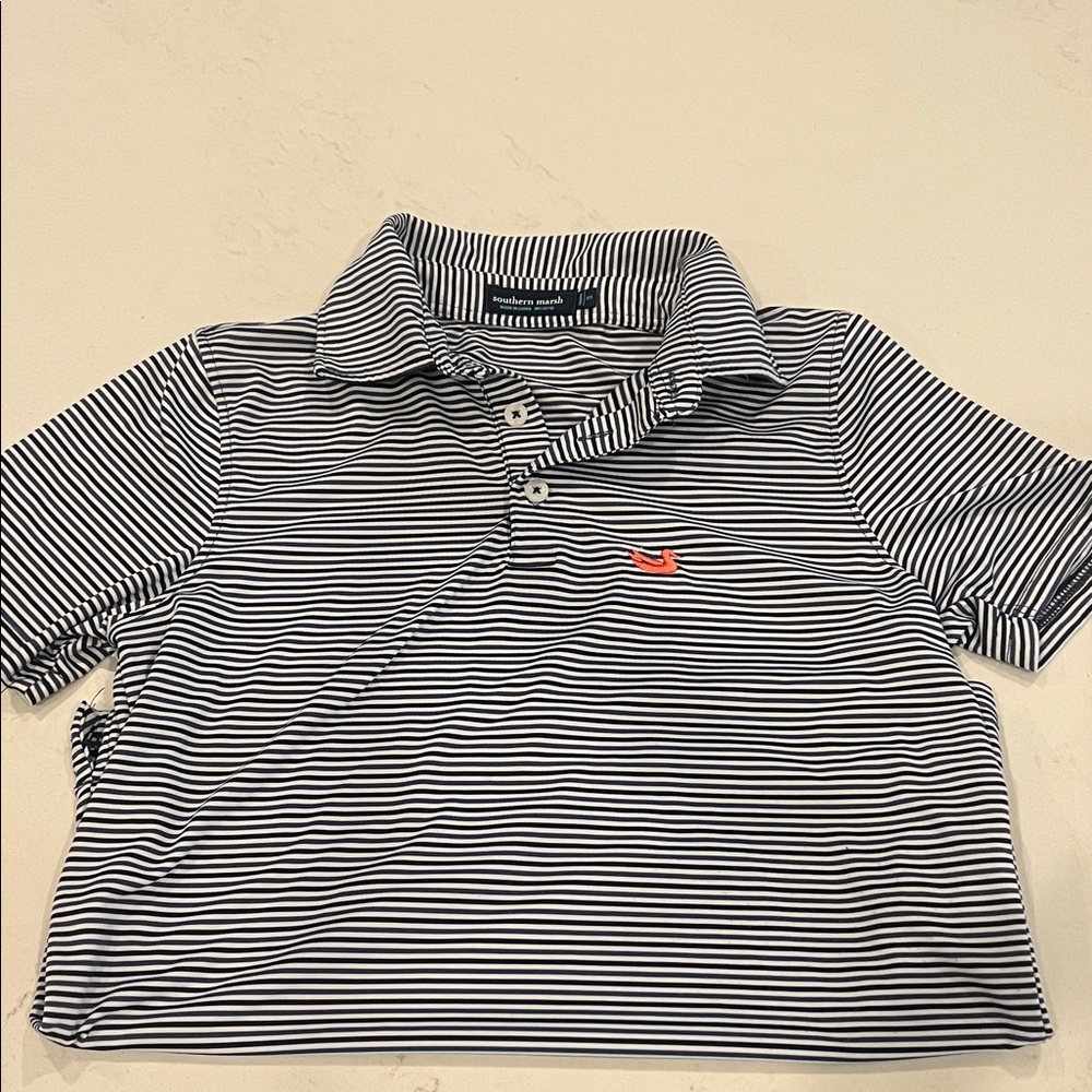 Southern Marsh Navy and White Striped Polo, boys size medium (10/12)
